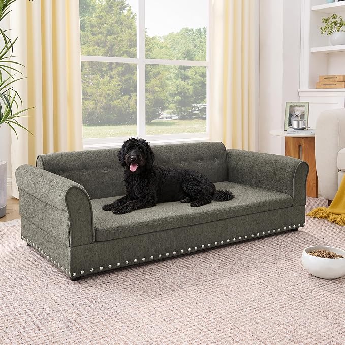 55" Dog Sofa for Medium to Large Dogs, Button Tufted Dog Couch Bed with Backrest and Armrests, Durable Memory Foam Pet Bed, Removable Cushion for Medium and Large Dogs, Dark Grey