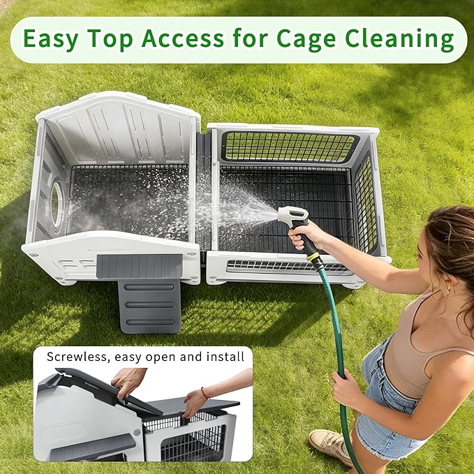 Rockever Plastic Rabbit Cage Outdoor Indoor, Waterproof Rabbit Hutch-Leak-Proof Pull-Out Tray&Chew-Proof, Bunny Cage Guinea Pig Cages with Run, Easy-Clean & Ideal for Small Animal(Grey)