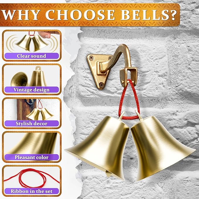 2 Pcs Bells for Door Knob – Hanging Bell for Door Opening 2″ × 1.8″ Vintage Brass with Hanging Loop, Clear Ringing Sound for Home Entry, Office & Shopkeepers – Small Bell for Crafts & Holiday Decor