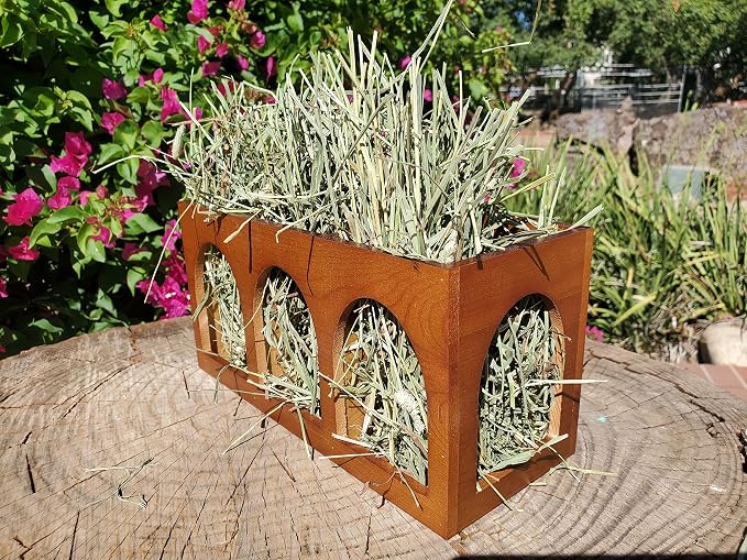"Closed Bottom Hay Feeder Natural Pine Wood Arch Guinea Pig Hay Rack with Option to Attach to Cage (Warm Cherry with Bottom)