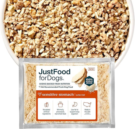 JustFoodForDogs Wet Dog Food for Sensitive Stomachs, Human Grade Frozen Fresh Pet Meal or Topper, Low Fat, Supports Dog Gut Health, Highly Digestible, Limited-Ingredient Recipe (18oz Pouch, 7 Pack)