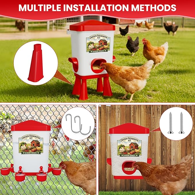 Erinaik Chicken Feeder and Waterer Set, 3 Gallon/16 LB Automatic Poultry Feeding System with Hanging Option, No Waste Feeder Ports & Water Cups, BPA-Free, Ideal for Hens Ducks and Poultry (RED2)