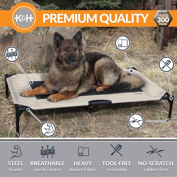K&H Outdoor Elevated Dog Bed - Cooling Raised Dog Bed for Large & Extra-Large Pets, Breathable Mesh Center Hammock Design, Indoor/Outdoor Washable Cover, Portable Metal Frame, Taupe, XL 50x32in