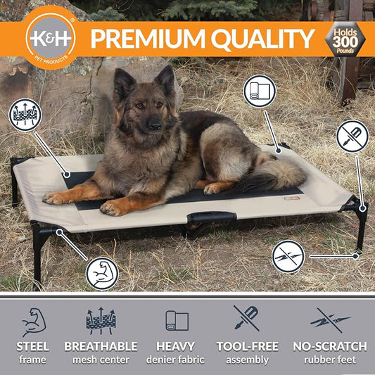 K&H Outdoor Elevated Dog Bed - Cooling Raised Dog Bed for Large & Extra-Large Pets, Breathable Mesh Center Hammock Design, Indoor/Outdoor Washable Cover, Portable Metal Frame, Taupe, XL 50x32in