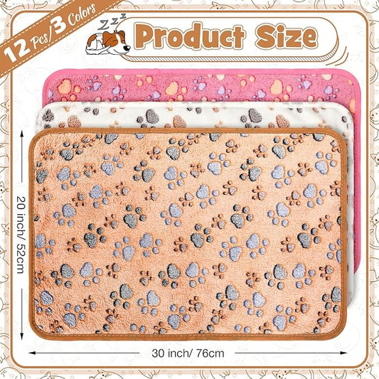 Tegeme 12 Pcs Pet Blankets 30 x 20 Inch Soft Fluffy Fleece Dog Cat Warm Paw Print Pattern Blankets Flannel Throw for Pets Dog Puppy Cat(Pink,Beige,Camel)