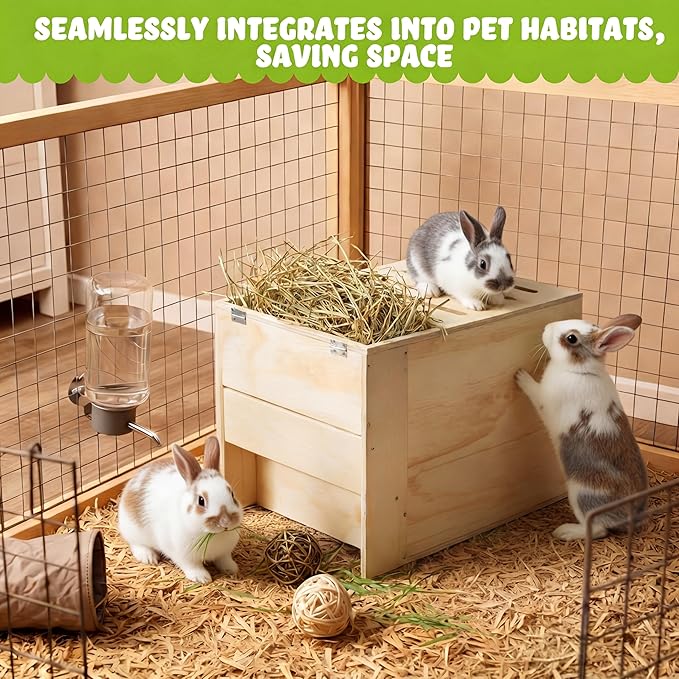 2 in 1 Extra Large 23 x 13.4 Inches Wooden Rabbit Litter Box with Hay Feeder Large Capacity Less Mess Rabbit Hay Feeder Litter Box Set for Rabbits, Bunny, Guinea Pig, Hamster, Small Animals
