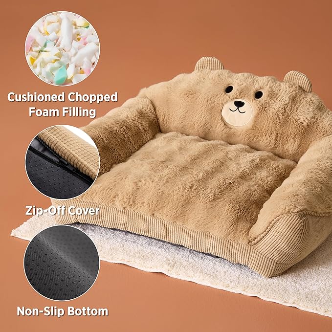 LE SURE Cute Dog Couch Bed, Small Dog Couch with Fluffy Original Bear Design, Cat Couch Bed with Removable Washable Cover, Puppy Bed for Small Pets, 28 inch, Almond
