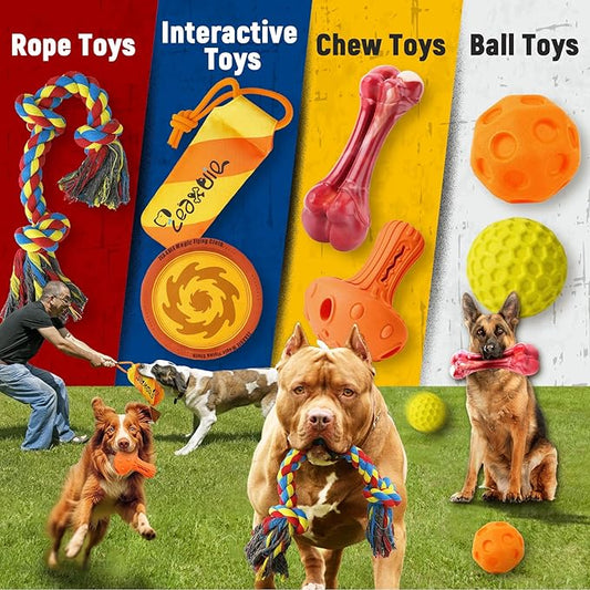 Zeaxuie 12 Pack Long-Lasting Various Dog Chew Toys Pack for Aggressive Chewers,Includes Dog Rope Toy,Squeaky Toys & Indestructible Chew Bone for Medium,Large & X-Large Breeds Dogs (for Tough Chewers)