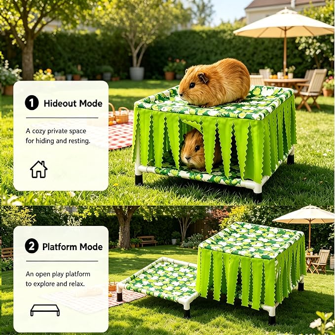 Guinea Pig Hideout with Curtain,Machine Washable Guinea Pig Hide Tent Houses & Habitats,Ideal Hides for Small Pets, Can be Assembled into Other Shapes,for Bunny Hedgehog(Green)