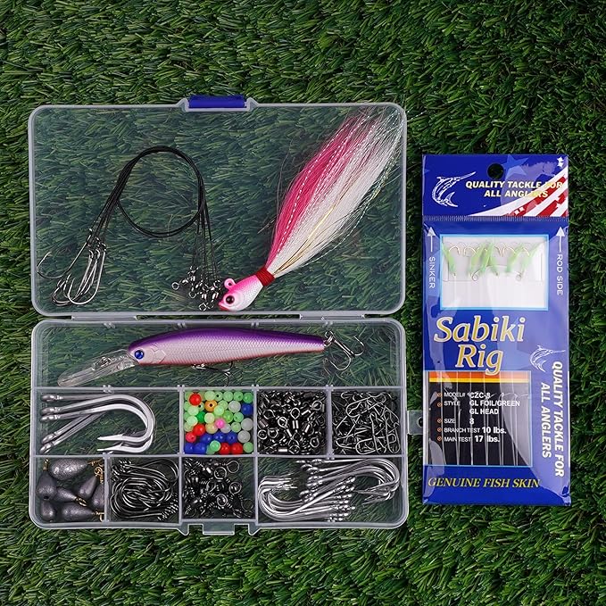 226pcs Saltwater Fishing Tackle Kit Include Fishing Lures Hooks Leader Rigs Bucktail Jig Weights Sinkers Swivel Snap Beads Various Accessories with Tackle Box for Freshwater Saltwater Fishing