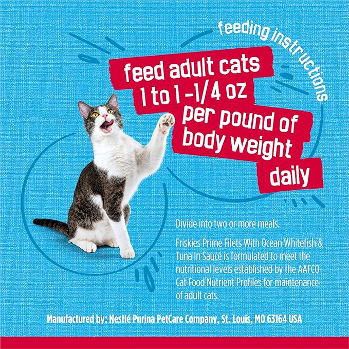 Friskies Purina Prime Filets with Ocean Whitefish and Tuna in Sauce High Protein Wet Cat Food - 5.5 oz. Cans (Pack of 48)