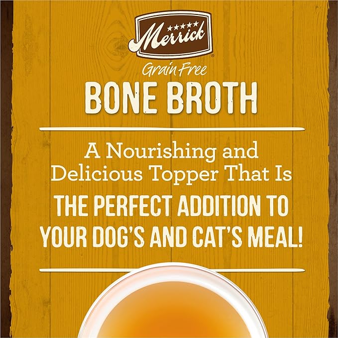 Merrick Grain Free Bone Broth, Premium Human Grade And Gluten Free Dog And Cat Food Topper Pouches, Chicken - 16 oz. Pouch