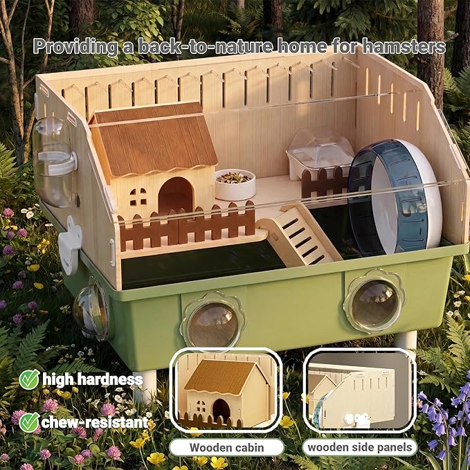 Small Animal Houses & Habitats, Hamster Cage for Dwarf Mouse, Complete Acrylic Small Animal Starter Kit with Accessories, Easy Clean Transparent Pet Cage for Hamsters Gerbils (Green)
