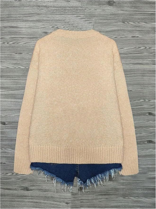 WDIRARA Women's Cat Graphic Sweater Long Sleeve Crew Neck Knit Tops Casual Knitwear