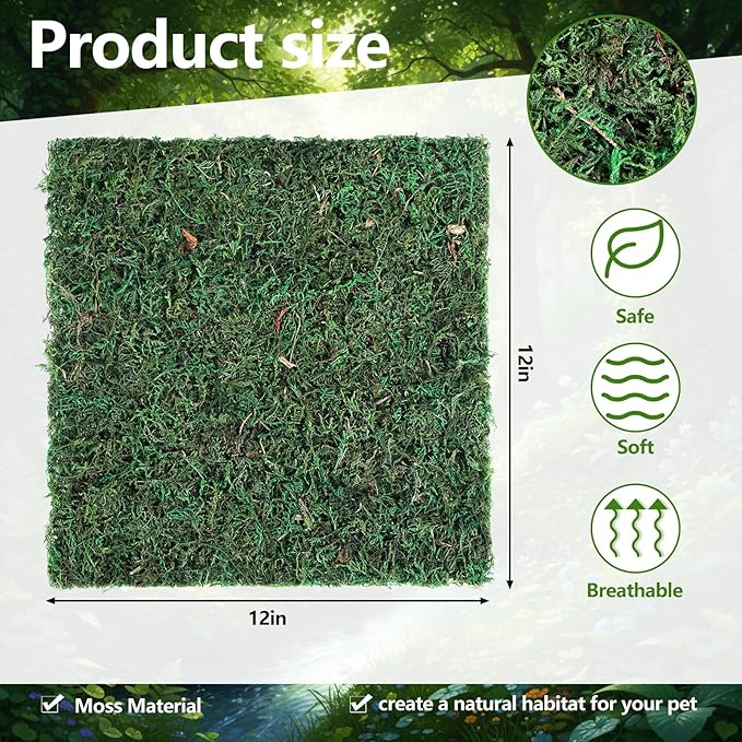Breling 4 Pcs Reptile Carpet Natural Moss Terrarium Bedding 12'' x 12'' Reptile Habitat Mat Moisture Retaining Substrate Liner for Bearded Dragon Lizard Tortoise Snake Leopard Gecko Tank Accessories
