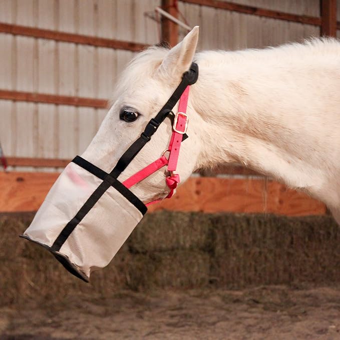 Majestic Ally Horse Feed Bag, Heavy Duty Nylon Mesh Grain Feed Bag, Adjustable Strap with Durable Snap and Elastic Straps, Comfort Neck Pad and Nose Pad- Large (Pony, Beige)