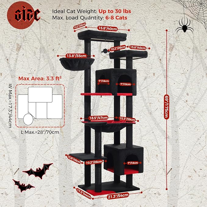 PETEPELA 69" Gothic Cat Tree for Indoor Large Cats, Cat Tower for Adult Cats with Big Hammock [18.5''X15.3''], Cat Climbing Tree Tower with Scratching Posts, Condo House and Large Top Perch, Black
