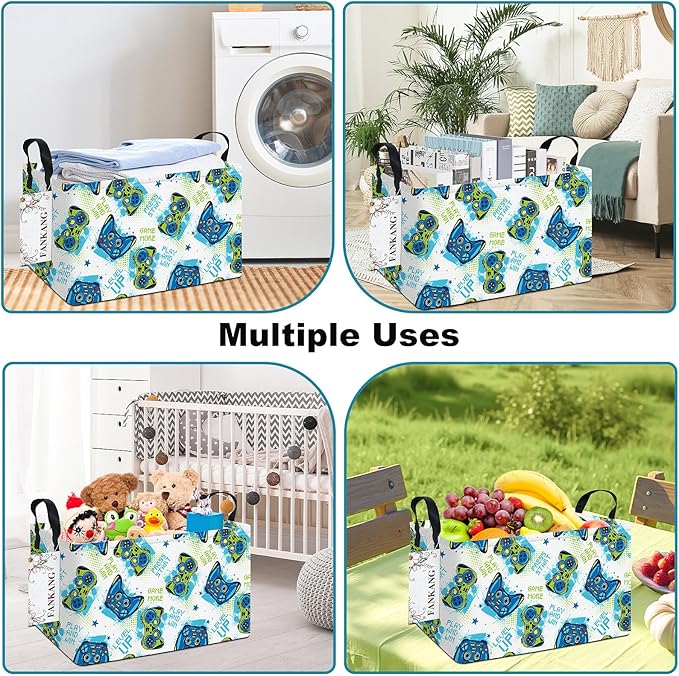 Storage Bins,Nursery Hamper Canvas Laundry Basket Foldable with Waterproof PE Coating Storage Baskets for Boys and Girls, Office, Bedroom, Clothes,Toys(Rec-Game ）