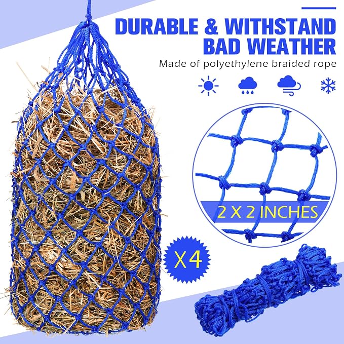 Nuenen 4 Pcs Hay Bags for Horses Goat 40 Inch Oxford Slow Feeder Hay Nets Bag for Horses Sheep Hanging Feeding Supplies Trailer Stable(Blue)