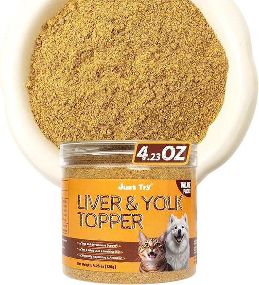 Just Try 4.23 OZ Cat Food Toppers Sprinkles with Freeze Dried Egg Yolk & Beef Liver, High Protein & Iron Support Grain Free High Protein Meal Toppers Dog Treats