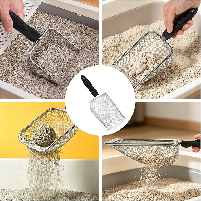 Stainless Steel Mesh Litter Shovel, Metal Non-Slip Black Handle Sifter, Fine Mesh Reptile Cleaner Scooper for Lizard Substrate, Reptile Terrarium Sand & Waste