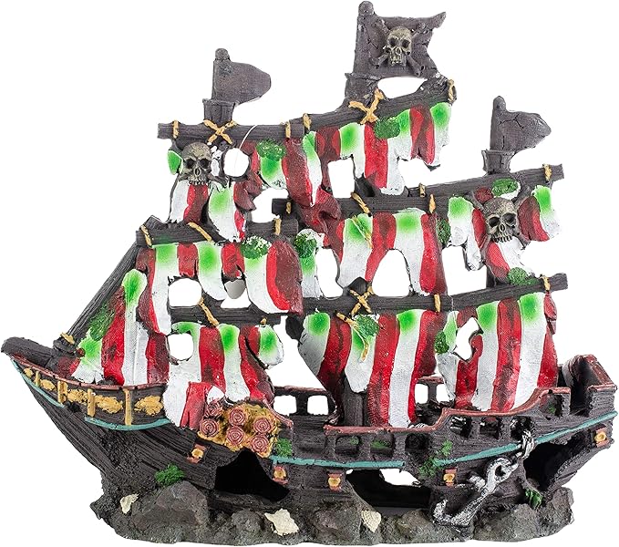 Penn-Plax Deco-Replicas Striped Sail Shipwreck - Realistic Aquarium Shipwreck Ornaments - Durable Resin Nautical Decor for Freshwater & Saltwater Fish Tanks - 14 x 5.5 x 13 Inches, Medium Size