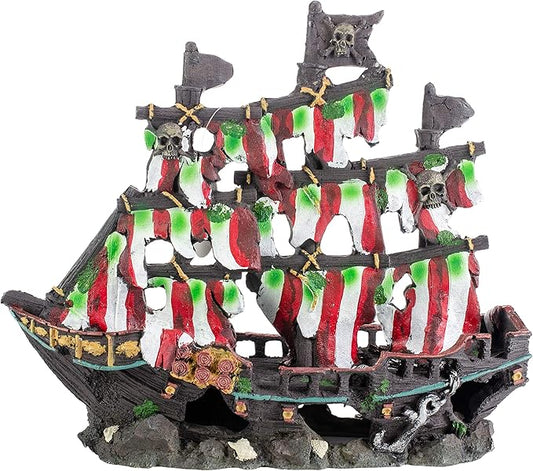 Penn-Plax Deco-Replicas Striped Sail Shipwreck - Realistic Aquarium Shipwreck Ornaments - Durable Resin Nautical Decor for Freshwater & Saltwater Fish Tanks - 14 x 5.5 x 13 Inches, Medium Size