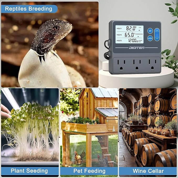 DIGITEN Reptile Temp & Humidity Controller, Timer Outlet, Day-Night Thermostat, 3-Stage Outlet Plug in Temperature Controller for Reptile, Mushroom, Homebrew