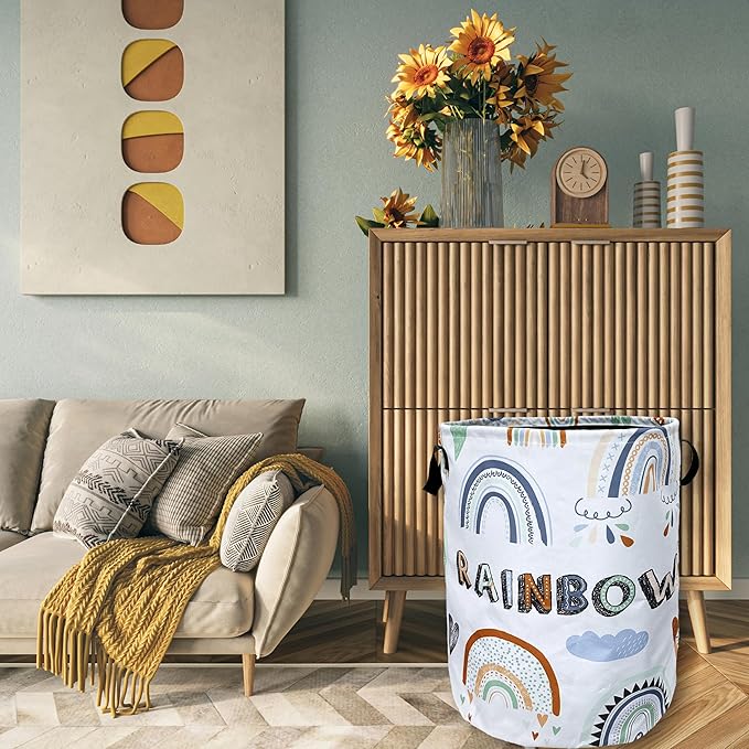 Cute Boho Rainbow Laundry Basket Foldable With Handles Colorful Tote Bag Oxford Cloth Laundry Hamper Clothes Storage Bucket Toy Organizer 18.9"x16.5" For Bathroom/Laundry/Bedroom