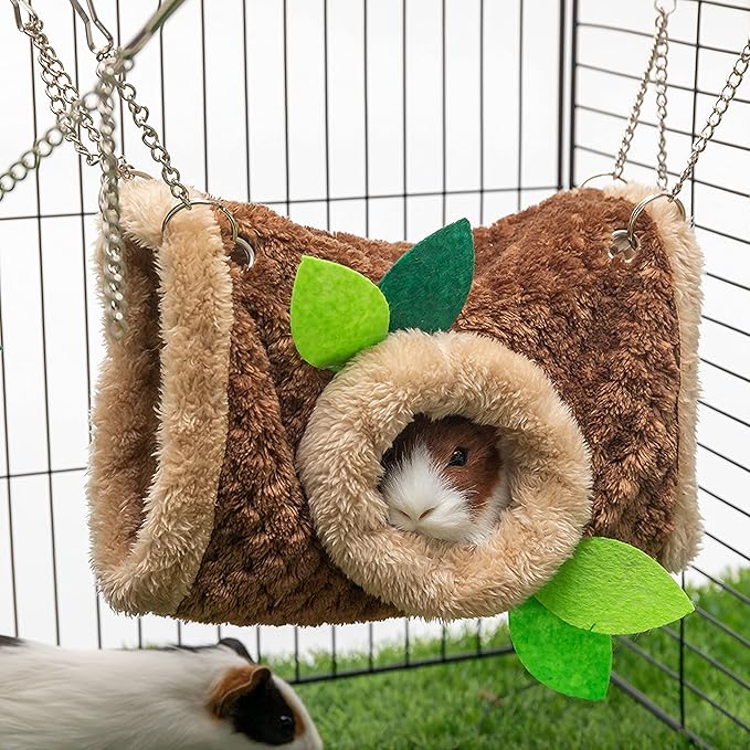 Small Animal Hammock - Hanging Hammock & Tunnel Hideout for Guinea Pig Hamster Parrot Rat Chinchilla - Warm Swing Plush Cage Bed Washable Pet Hammock with 5.9" Chian