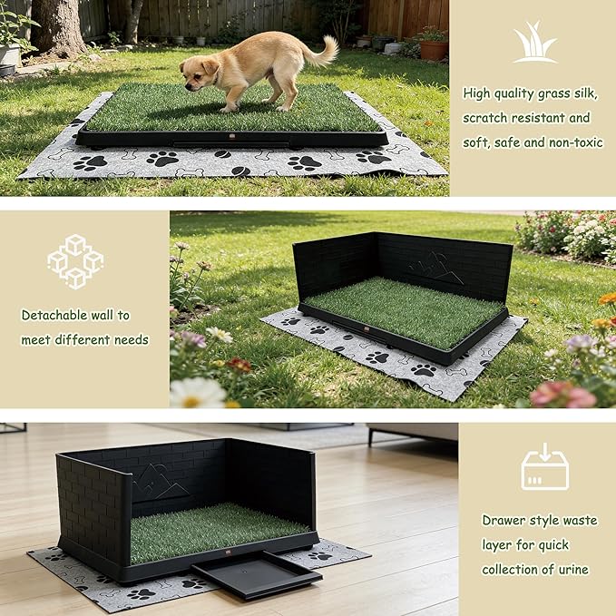 Dog Grass Pad with Tray, Indoor Potty with Three Walls, 35" X 24",with 2 Reusable Premium Grass Pads