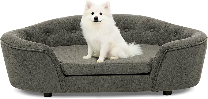 Dog Couch Bed with Oval Semi-Enclosed, Durable Linen Material Pet Sofa Couch with Soft Foam Cushion, Dog Sofa Bed with Legs for Medium Dogs, Dark Grey