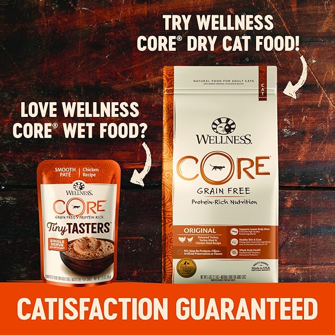 Wellness CORE Tiny Tasters Pate Adult Wet Cat Food,Natural,Protein-Rich,Grain Free,1.75 Ounce Pouch (Chicken & Beef),(Pack of 24)