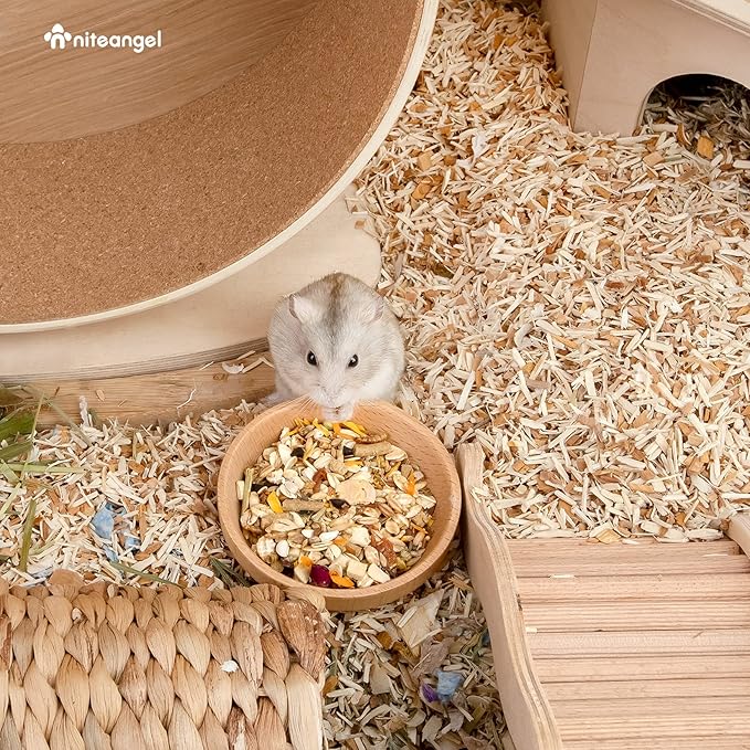 Niteangel Wooden Hamster Feeding Bowl - Small Animal Food Dish for Dwarf Syrian Hamsters Gerbils Mice Degus or Other Similar-Sized Small Pets (No Pattern, for Dwarf)