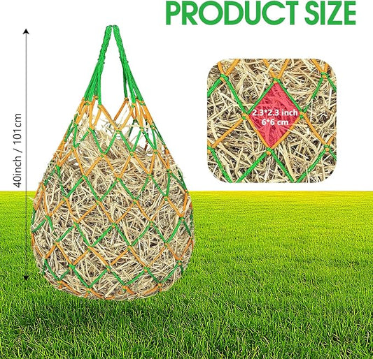 3 Pack Slow Feed Hay Nets for Horses, 40-Inch Durable Mesh Hay Bags with Carabiners and Gloves, Durable Hanging Hay Net for Goat Sheep, Livestock Hay Feeder for Stable Trailer Pasture