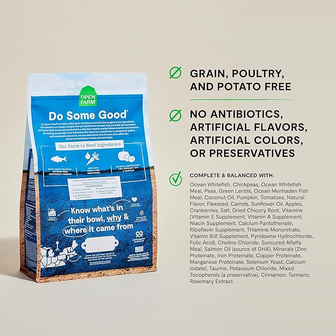 Open Farm, Grain-Free Dry Dog Food, Complete & Balanced Kibble, Sustainably & Ethically Sourced Ingredients, Non-GMO Veggies & Superfoods, Catch-of-The-Season Whitefish Recipe, 4lb Bag