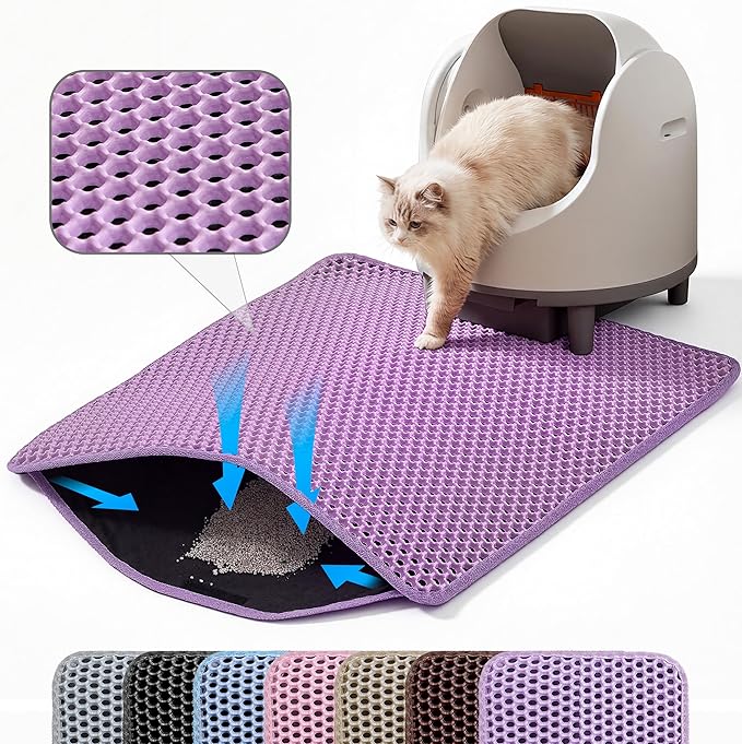 Cat Litter Mat, 24x18 Inches Large Double Layer Honeycomb Cat Litter Trapping Mat, Non Slip Waterproof Urine Proof Cat Litter Box Mat for Floor, Kitty Litter Rug, Cat Supplies, Purple