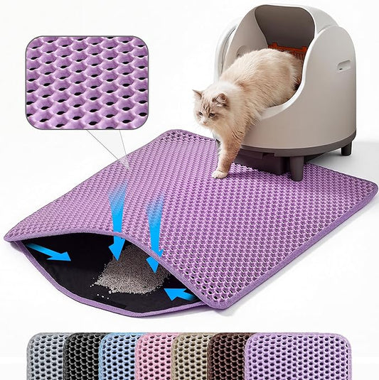 Cat Litter Mat, 24x18 Inches Large Double Layer Honeycomb Cat Litter Trapping Mat, Non Slip Waterproof Urine Proof Cat Litter Box Mat for Floor, Kitty Litter Rug, Cat Supplies, Purple