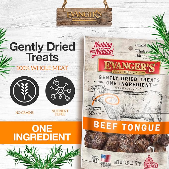 Evanger's Nothing But Natural Gently Dried Beef Tongue Treats for Dogs & Cats – 4.6 oz – Single-Ingredient, Grain-Free, Protein Snack – Supports Digestive & Coat Health