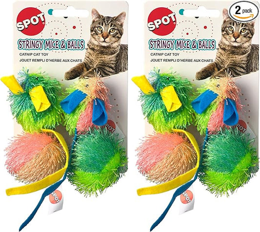SPOT Stringy Mice & Balls - Catnip Cat Toys, Interactive, Colorful Plush Toys, Fun for Cats and Kittens to Bat and Chase, Boredom Buster - 2 Mice, 2 Balls (Pack of 2)