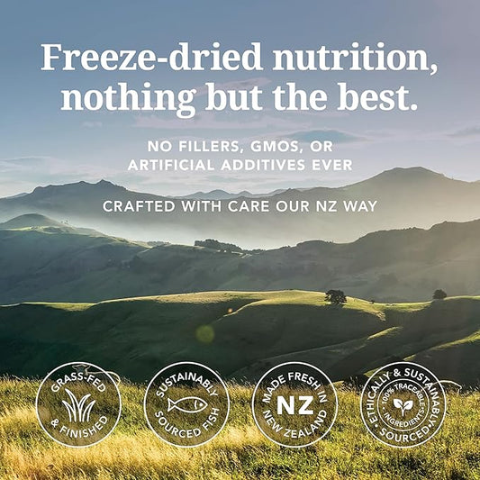 Feline Natural High Protein Dry Cat Food, Freeze-Dried Diet with 98% Meat, Organs & Seafood, No Peas, Grains, or Artificial Additives, Made in New Zealand, Beef & Hoki, 11oz