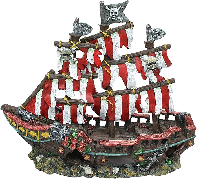 Penn-Plax Deco-Replicas Striped Sail Shipwreck - Realistic Aquarium Shipwreck Ornaments - Durable Resin Nautical Decor for Freshwater & Saltwater Fish Tanks - 14 x 5.5 x 13 Inches, Medium Size