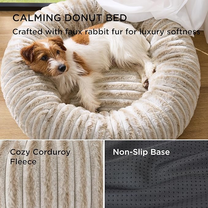 Bedsure ComfyFleece™ Donut Medium Dog Bed - Washable Faux Fur with Corduroy Fleece & Anti Slip Bottom, Round Pet Bed with Removable Cover, Amphora, 30x30x8 inches