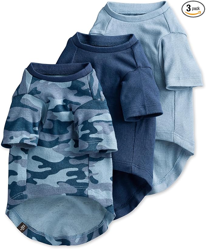 Pet Passion Toby II - The Perfect Tee, 3 Pack Short Sleeve Pet T-Shirt 100% Organic Cotton Tees Clothes for Small, Medium, Large Dogs, Navy Camo, Small (10-25 lbs)
