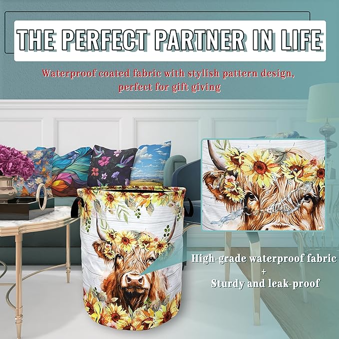 Sunflower Highland Cow Laundry Basket Foldable With Handles Tote Bag Oxford Cloth Funny Animal Laundry Hamper Clothes Storage Bucket Toy Organizer 18.9"x16.5" For Bathroom/Laundry/Bedroom