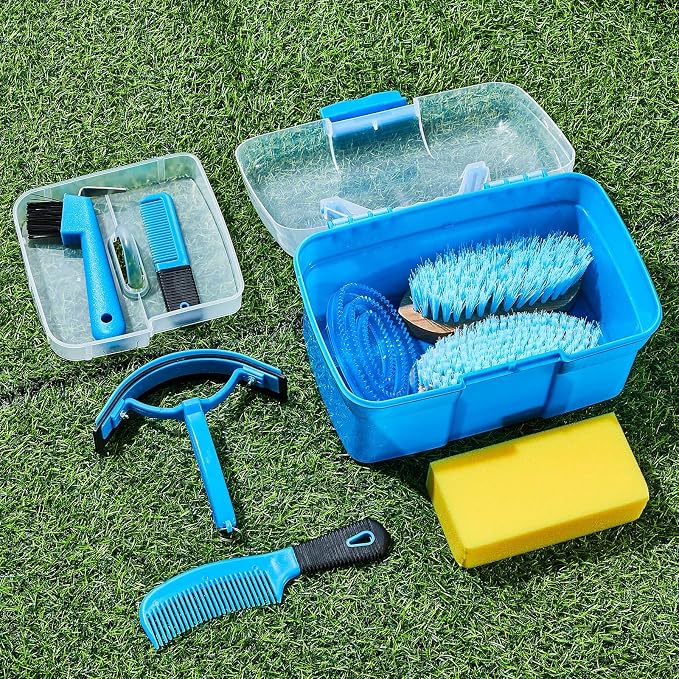 Cunhill 9 Pieces Horse Grooming Kit with Organizer – Curry Comb, Hard & Soft Brushes, Hoof Pick, Sweat Scraper, Sponge – Grooming Supplies for Horses, Riders & Beginners