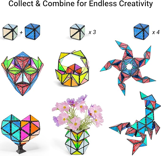 TOSY Magnet Pyramid - 1 Fidget Cube Transforms into 1 Billion Shapes, 243 Rare Earth Magnets, Glowing, Holographic Design, Spinner Accessory, Gift for Christmas Birthday (Set of 1 Stone 1 Glow)
