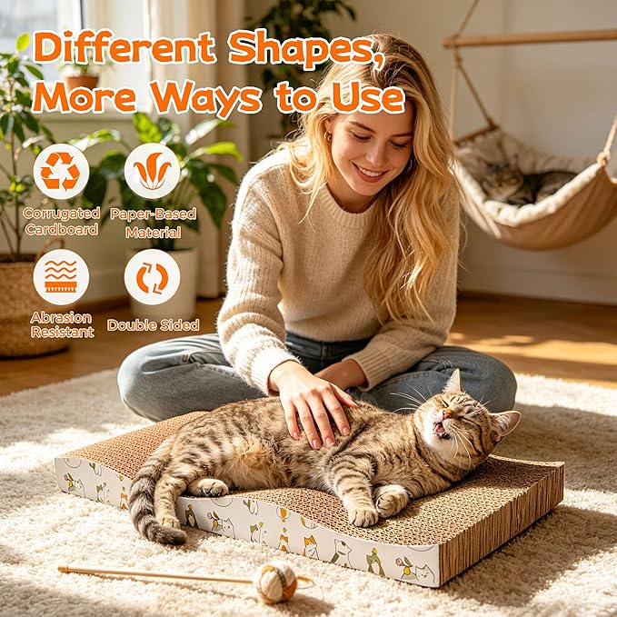 PatiencET Cardboard Cat Scratcher Pads, 4-Pack (2 Flat Double-Sided, 2 Wavy), Catnip Included, for Small and Medium Indoor Cats
