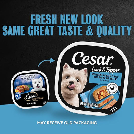 Cesar Loaf & Topper in Sauce Wet Dog Food Rotisserie Chicken Flavor with Bacon & Cheese, 3.5 oz. Easy Peel Trays, 24 Count (Pack of 1)