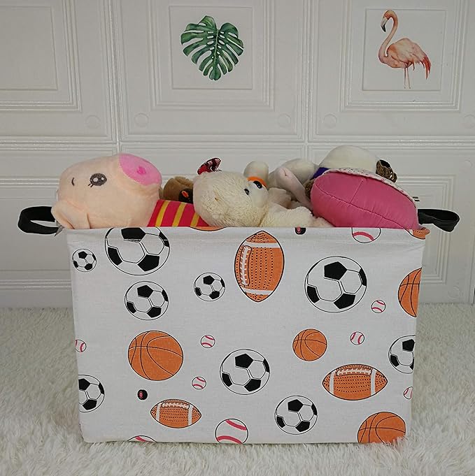 Kid Storage Basket Gift Shelf Basket Toy Storage Bin, Nursery Basket Organizer Box for Children Room Deco With Handles (Basketballs)